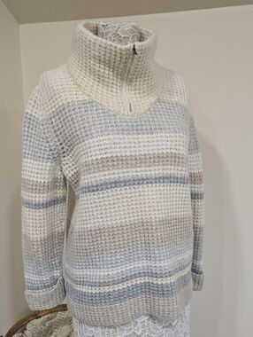 Eddie Bauer Cream, Light Gray & Tan Striped Waffle Zip-Turtleneck Sweater